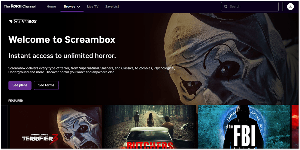 Screambox free trial on Roku Channel