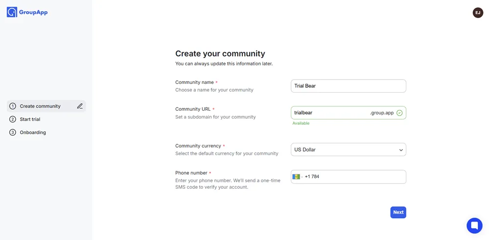 Group App create community page