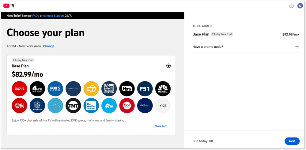 YouTubeTV Base plan