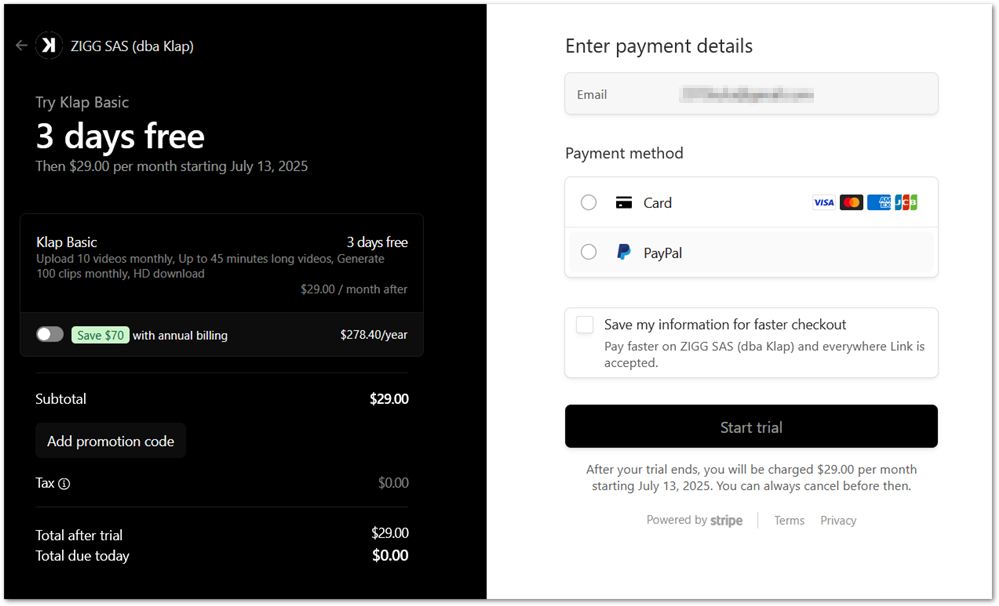 Klap free trial checkout page