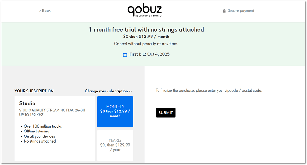Qobuz add postal code. 