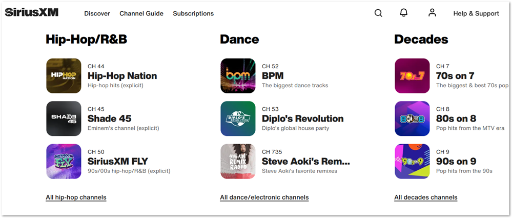 Some SiriusXM channels