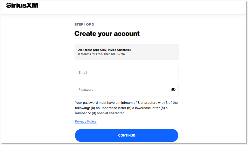 SiriusXM free trial create an account page