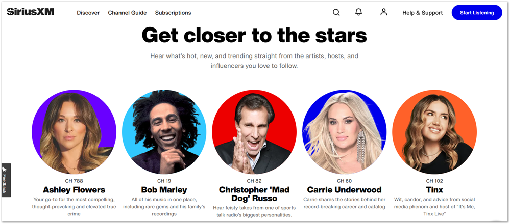 SiriusXM channels and artists