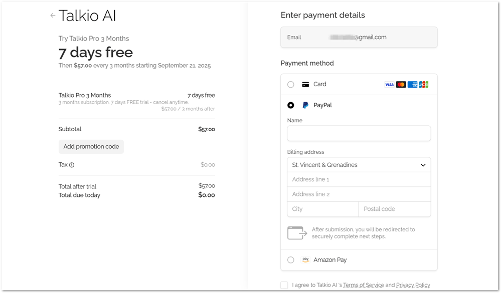 Talkio checkout page