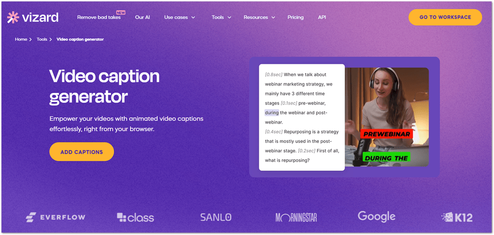 Vizard Caption Generator landing page