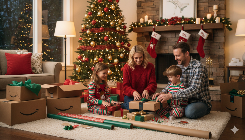 Family with Amazon boxes and gift wrapping during a festive Christmas holiday.