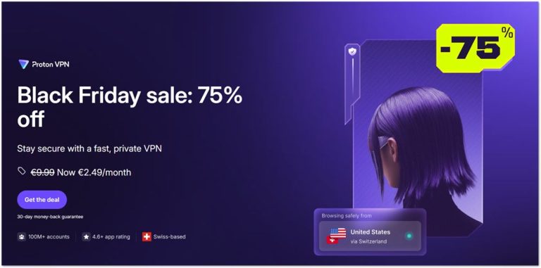 ProtonVPN Black Friday 2025 deal page showing 75% off