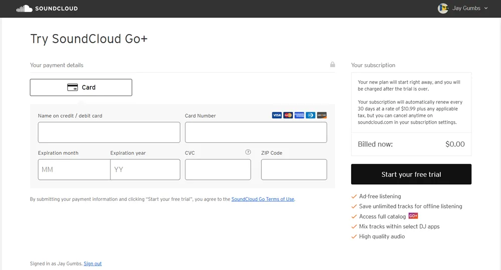 SoundCloud Go+ checkout page