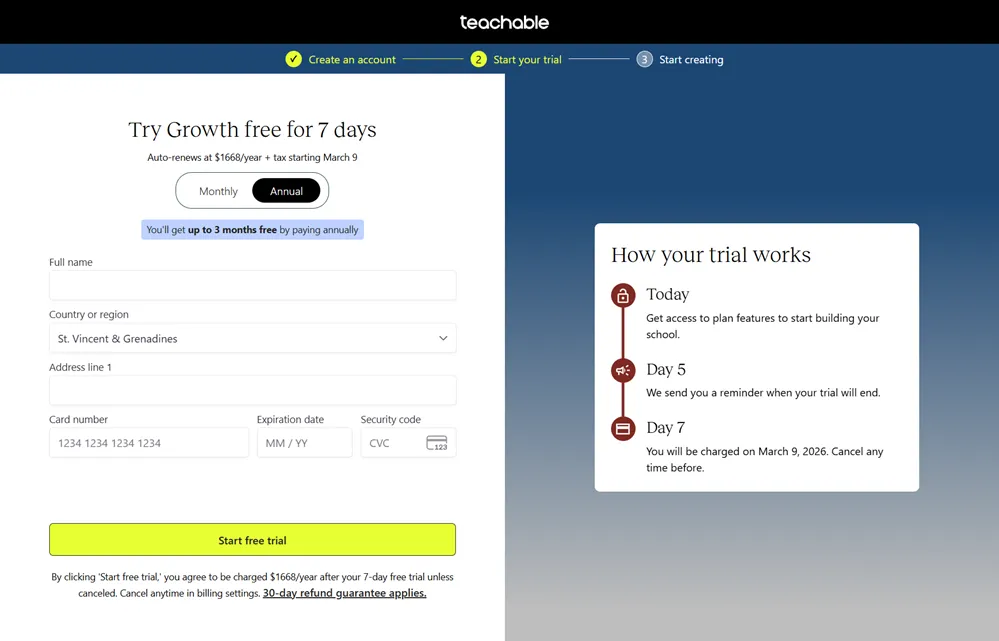 Teachable free trial activation page