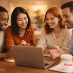 Heartbeat Review with group of 4 people around a laptop computer.