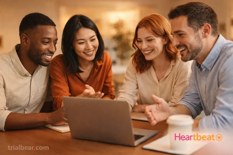 Heartbeat Review with group of 4 people around a laptop computer.