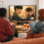 Two women watching Korean dramas on a big television.