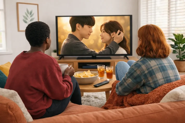 Two women watching Korean dramas on a big television.