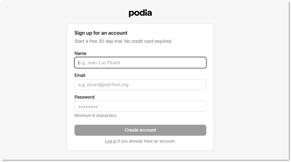 Podia free trial signup form