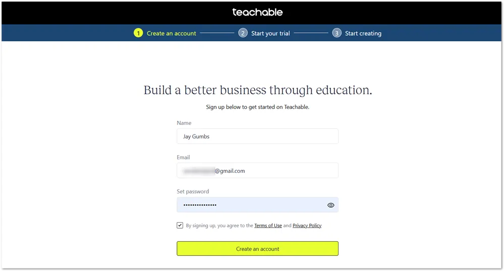 Teachable create your account screen