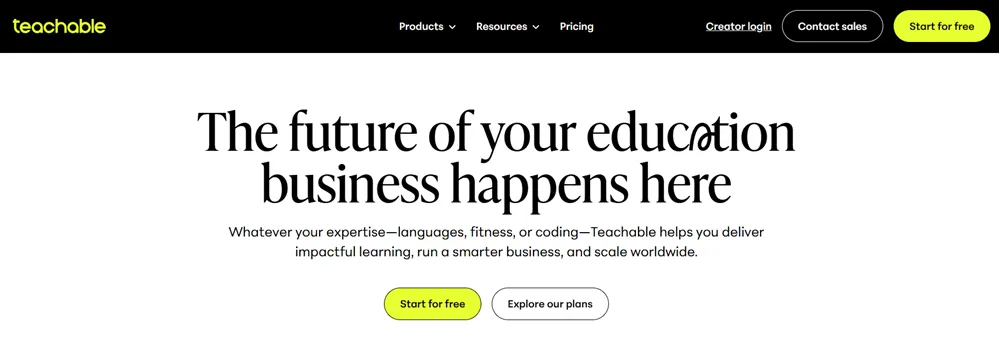 Teachable homepage with Start for free buttons