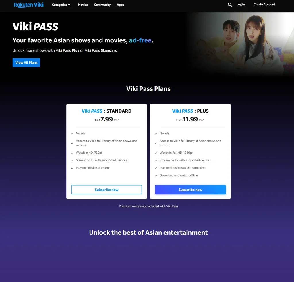 No Viki free trial shown on the pricing page.