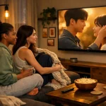 Two women watching Korean drama on a TV
