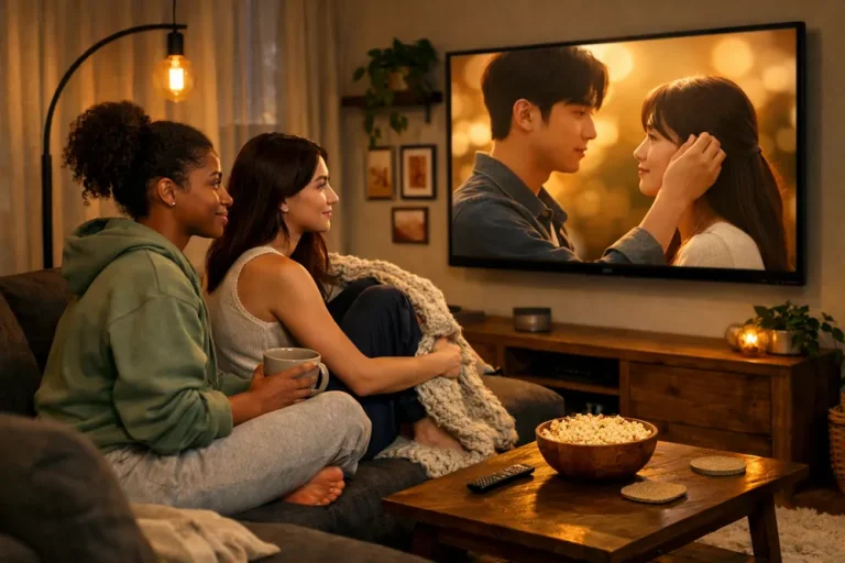 Two women watching Korean drama on a TV