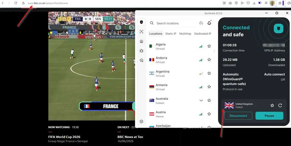 BBC unblocked with Surfshark connected to UK server.