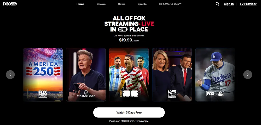 FOX One free trial homepage