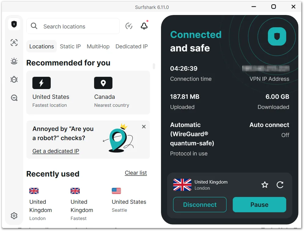 Surfshark desktop app interface