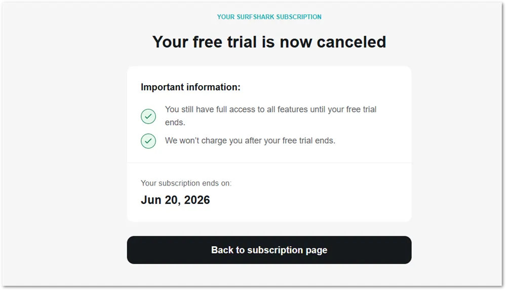 Surfshark free trial is now cancelled screen