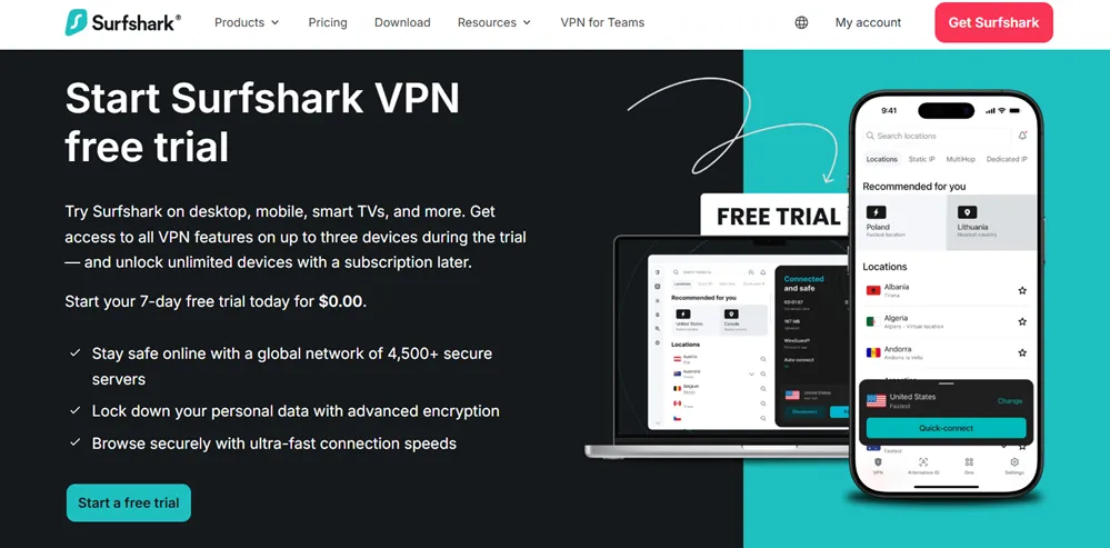 Surfshark free trial page